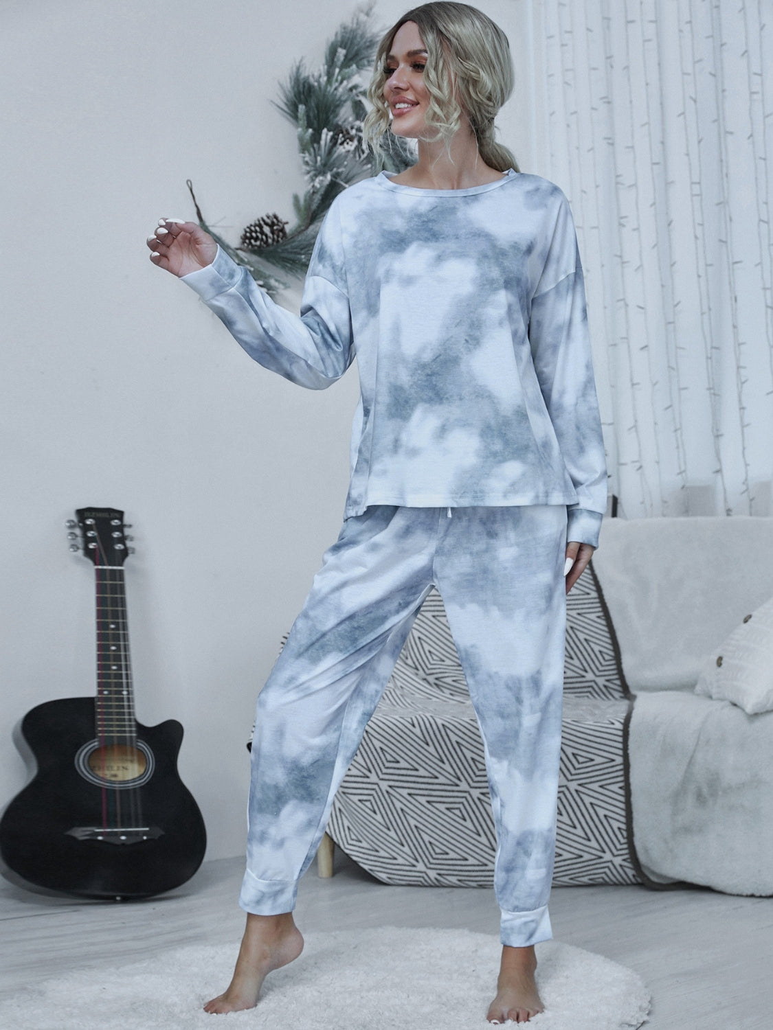 Shiny Tie-dye Round Neck Top and Drawstring Pants Lounge Set