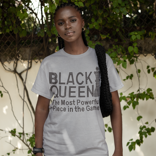 "Black Queen is the Most Powerful Piece in the Game" Rhinestone Gray Unisex T-Shirt: Reign with Confidence