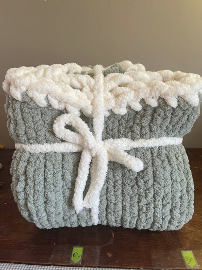 Hand Knit Sage Blanket with Ivory Border (50x50): A Timeless Blend of Serenity and Style