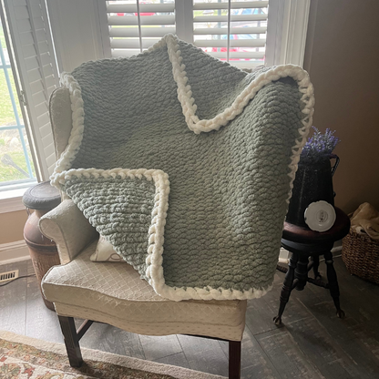 Hand Knit Sage Blanket with Ivory Border (50x50): A Timeless Blend of Serenity and Style