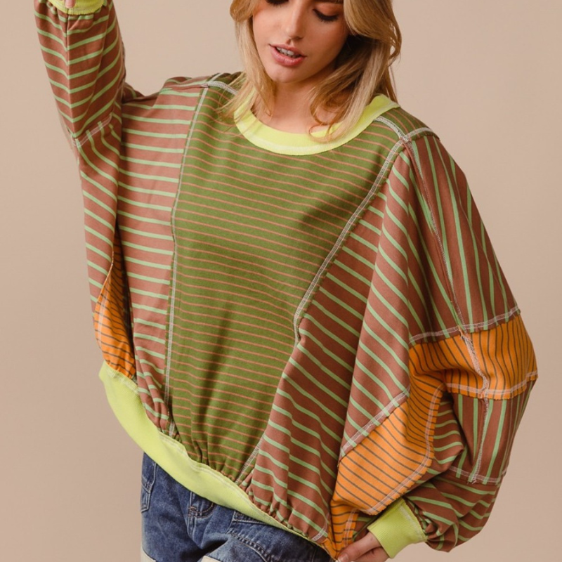 BiBi Color Block Striped Round Neck Sweatshirt