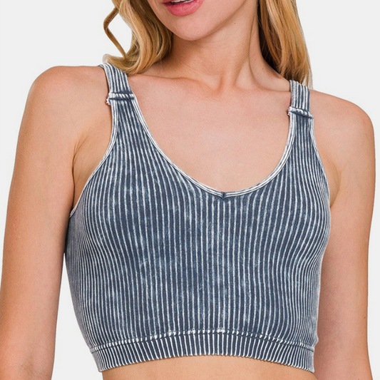 Zenana Washed Ribbed Cropped V-Neck Tank