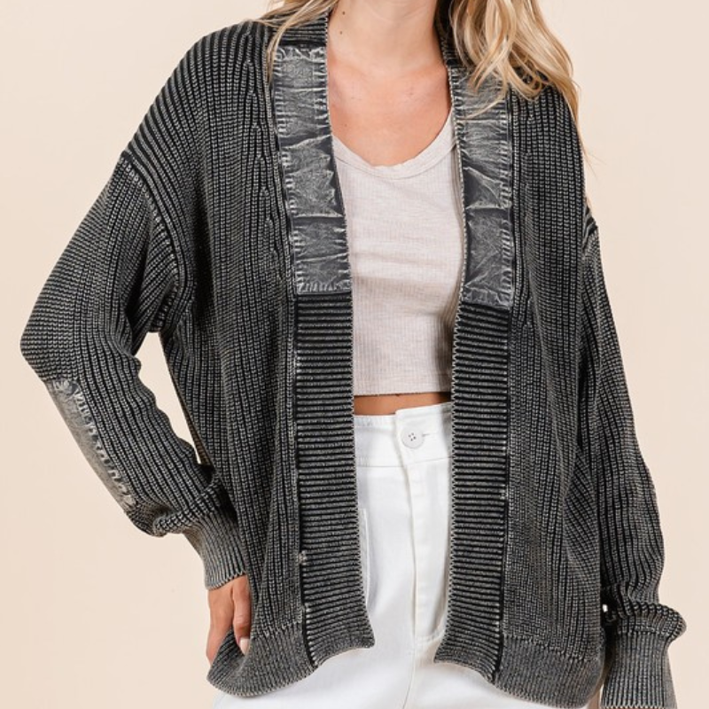 Mittoshop Contrast Patch Open Front Mineral Wash Cardigan