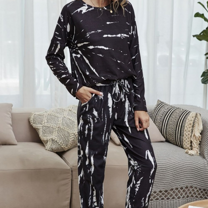 Shiny Tie-Dye Round Neck Top and Drawstring Waist Joggers Lounge Set