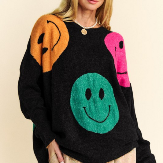 Davi & Dani Contrast Smile Round Neck Oversize Sweater