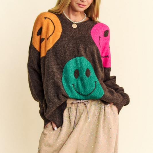 Davi & Dani Contrast Smile Round Neck Oversize Sweater