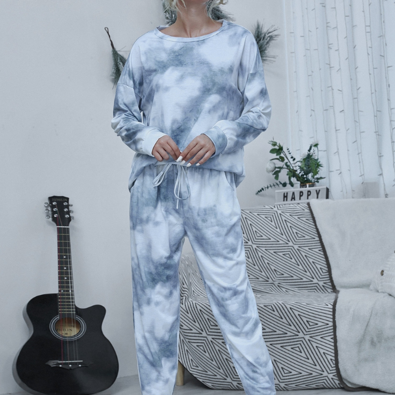 Shiny Tie-dye Round Neck Top and Drawstring Pants Lounge Set