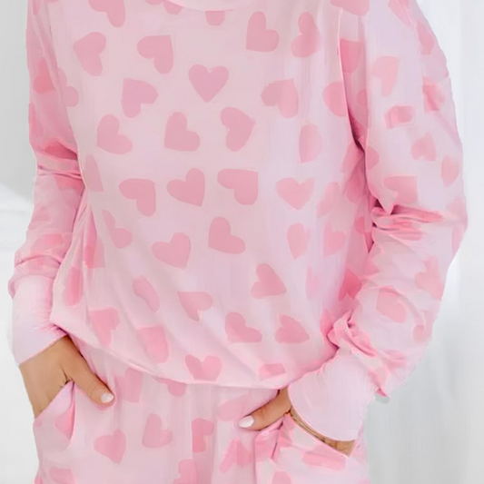 Heart Print Long Sleeve Top and Shorts Lounge Set