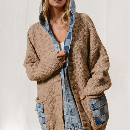 Double Take Full Size Hooded Denim Spliced Sweater Cardigan