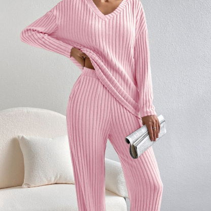 Ribbed V-Neck Top and Pants Lounge Set