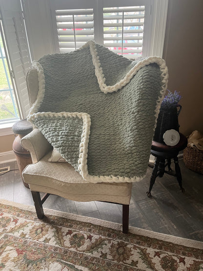 Hand Knit Sage Blanket with Ivory Border (50x50): A Timeless Blend of Serenity and Style