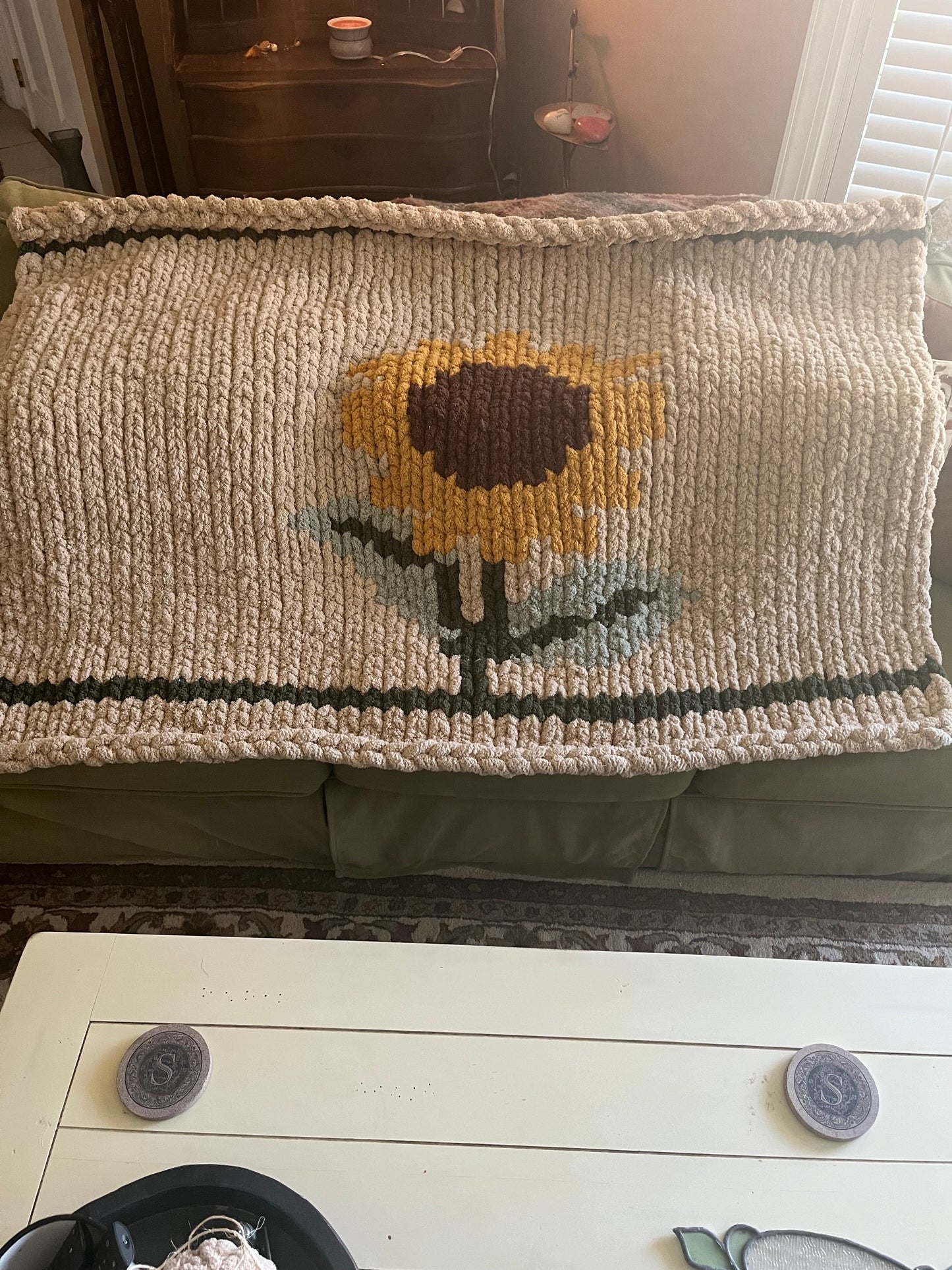 Hand Knit Sunflower Blanket (56x40): Brighten Your Space with Cozy Elegance